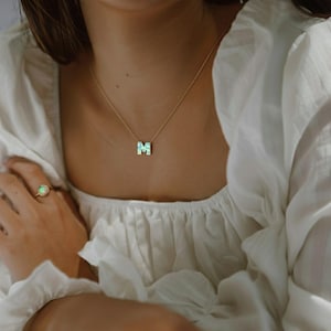 White Opal initial necklace, Gold filled - Sterling silver letter