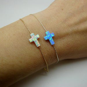 Sideways Cross Bracelet, Opal cross bracelet, Christian Jewelry, Cross Bracelet, Blue cross bracelet, Side Cross Bracelet, Horizontal cross