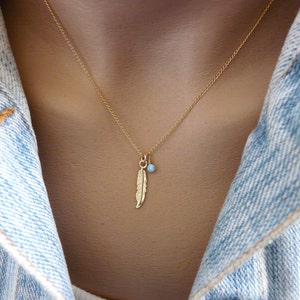 Feather necklace, Gold feather, Feather pendant, Opal necklace, Delicate necklace, Boho necklace