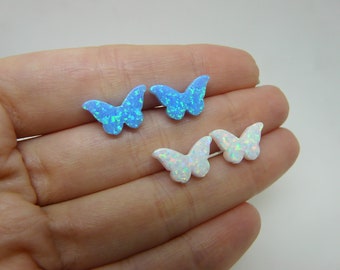 Butterfly Opal earrings, Butterfly stud earrings, Opal sterling silver earrings, Butterfly jewelry, Blue butterfly earrings