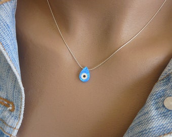Evil Eye tear drop necklace, Blue drop opal pendant, Evil Eye Charm, Opal evil eye, Protection necklace, Gift for daughter, Gift for mom