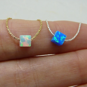 Cube necklace, Delicate opal necklace, Minimalist necklace, Opal jewelry, Tiny gold filled necklace