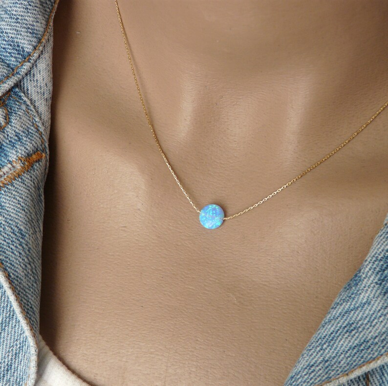Opal coin necklace, Opal necklace, Delicate Opal necklace, Blue opal necklace, Sterling silver necklace, Disc necklace, Opal jewelry image 3