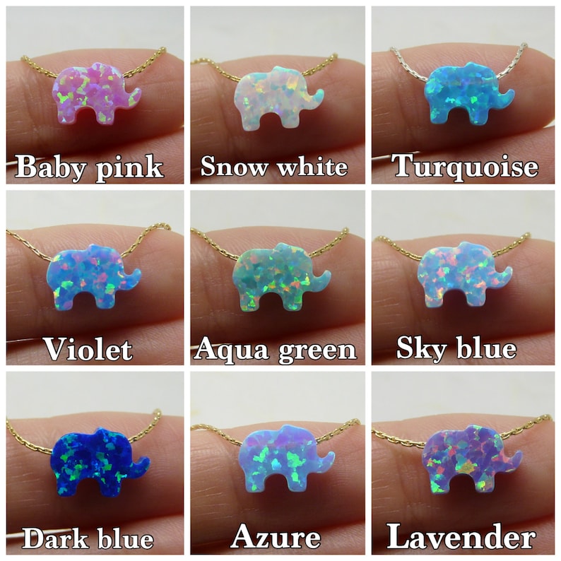 May include: Nine opal elephant necklaces in various colors, including baby pink, snow white, turquoise, violet, aqua green, sky blue, dark blue, azure, and lavender.