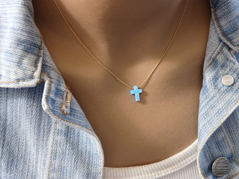 Cross necklace, Opal cross necklace, Blue cross necklace, Cross jewelry, Cross pendant, Cross necklace women image 3