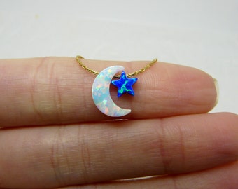 Star Moon necklace, Crescent moon necklace with star, Opal moon necklace, Crescent necklace, Moon pendant, Half moon, Moon star jewellery