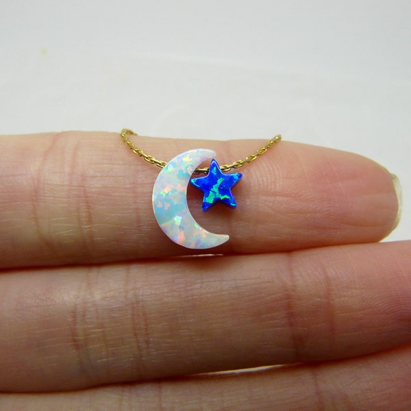 Star Moon necklace, Crescent moon necklace with star, Opal moon necklace, Crescent necklace, Moon pendant, Half moon, Moon star jewellery
