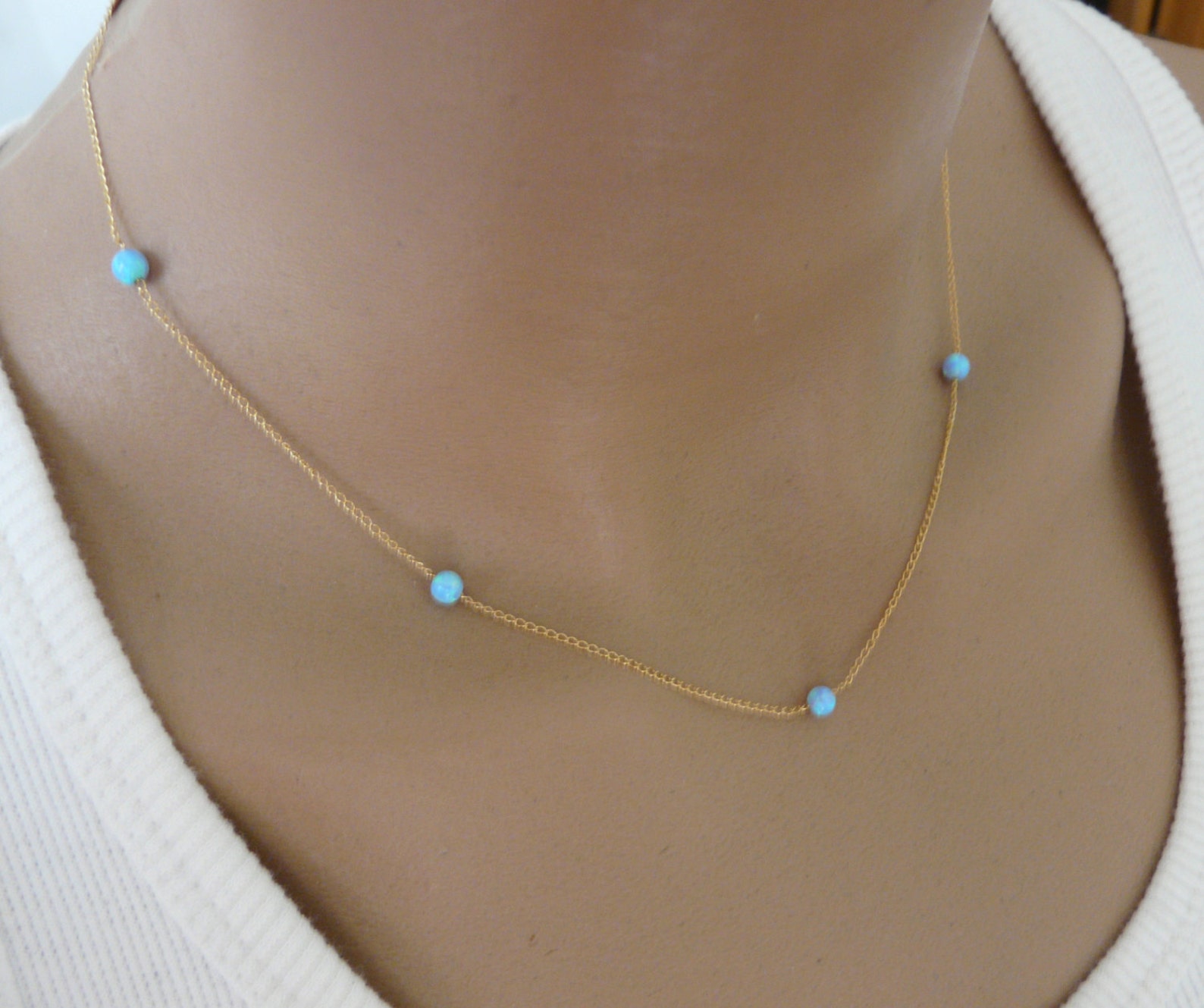 14 Karat Gold Plated Mini Synthetic Blue Opal Necklace main image 1