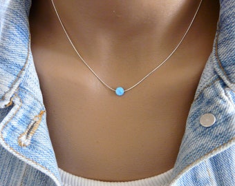 Tiny Opal coin necklace, Opal necklace, Delicate Opal necklace, Blue opal necklace, Dot necklace, Opal jewelry