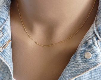 Delicate beaded necklace, Layering dainty necklace, Satellite chain necklace, Minimalist jewelry, Simple necklace, GoldFilled necklace