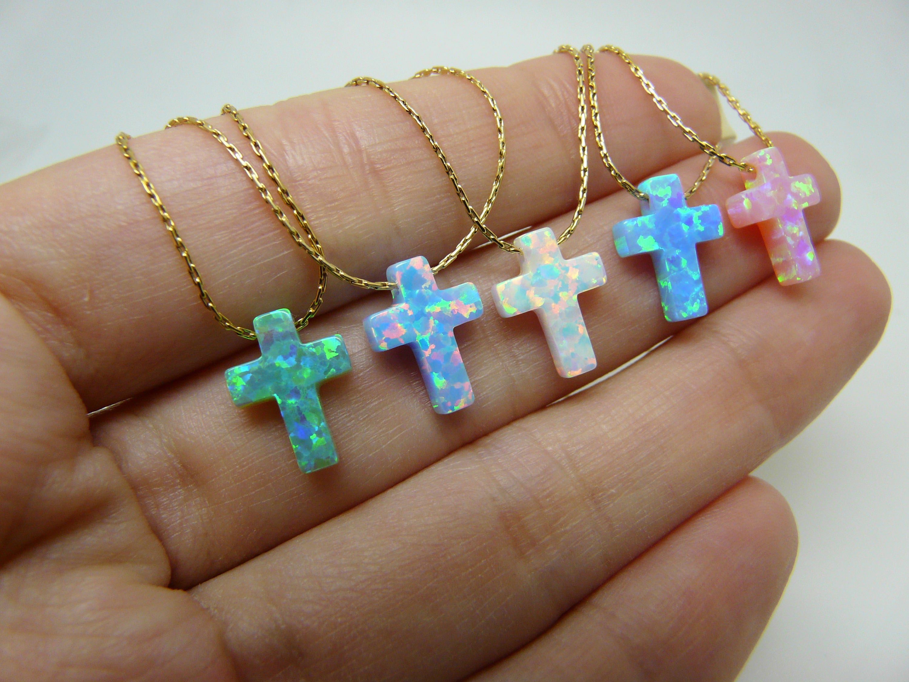 Delicate cross Design Silver Blue Artificial opal Pendant Necklace Jewelry Gifts 