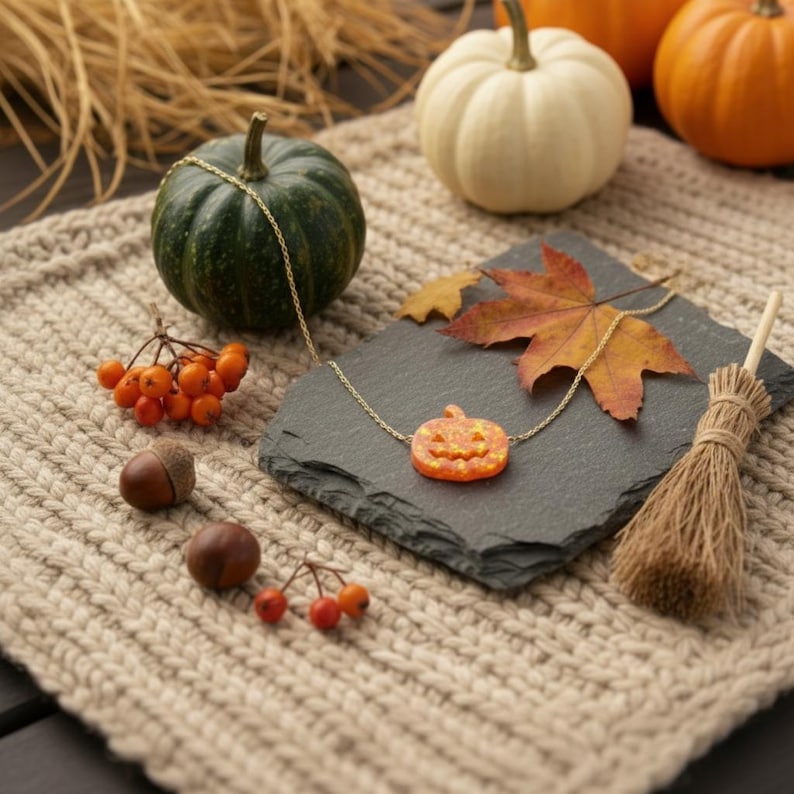 Puede incluir: Un collar de cadena dorada con un colgante de calabaza naranja, exhibido sobre una pizarra negra. La escena incluye una peque&ntilde;a calabaza verde, bayas naranjas, bellotas y una escoba en miniatura, evocando un tema oto&ntilde;al o de Halloween.
