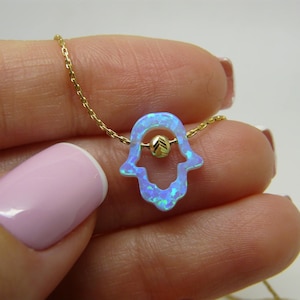 Hamsa necklace, Opal Hamsa necklace, Gold filled hamsa necklace, Hamsa hand jewelry, Blue opal Hamsa, Kabbalah charm