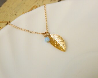 Leaf necklace, Gold fill leaf necklace, Bridesmaid necklace, Opal necklace, Everyday necklace, minimalist necklace, Opal jewelry