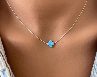 Opal Clover Necklace – 14k Gold-Filled or Sterling Silver – Lucky Charm Jewelry in 6 Colors – Dainty Four-Leaf Clover Pendant Gift for Women