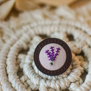 Lavender wildflower dainty hand embroidered brooch | Sports coat blazer pin badge | dark wood vintage style | Floral perfect gift