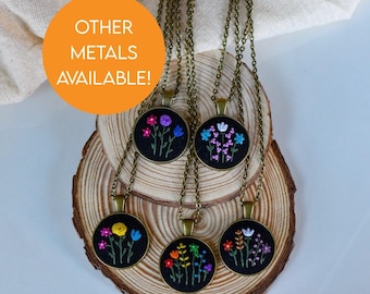 Hand Embroidered Subtle Pride Flag Necklace: Floral LGBTQ+ Discreet Pendant