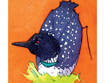 May include: A watercolor painting of a loon with black and white speckled feathers, a red eye, and a green and white patterned neck. The loon is sitting on a bed of green grass against an orange background.