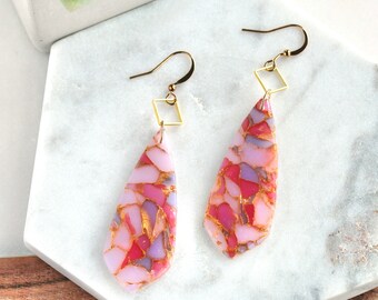 Dangle Drop Stud Stainless Steel Earrings Neutral Purple Mauve Sparkle Resin Gifts for Her