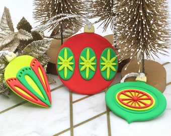 Retro Handmade Christmas Ornaments / Mid Century Modern / Polymer Clay / Holiday Decor