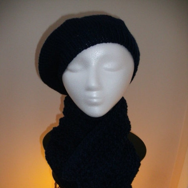 Navy blue beret and lace scarf