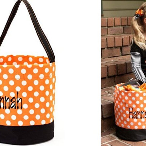 Monogram Orange Polka Dot Halloween Bucket Halloween Tote