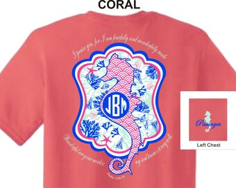 Monograma Seahorse pasajes t Salmo 139:14 formidable y maravillosamente hecho Christian Tshirt