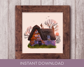 Thatch Witch - magical cottage - sunset - illustration - print - artwork - magical - dusk - golden hour