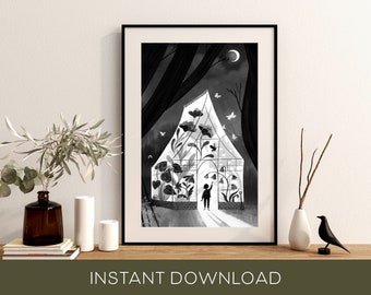 The Midnight Greenhouse - instant download - Printable - illustration - magical - plants - moon - drawing