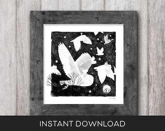 Night Riders - Instant Download - Printable - artwork - drawing - owls - night - moon - stars - illustration