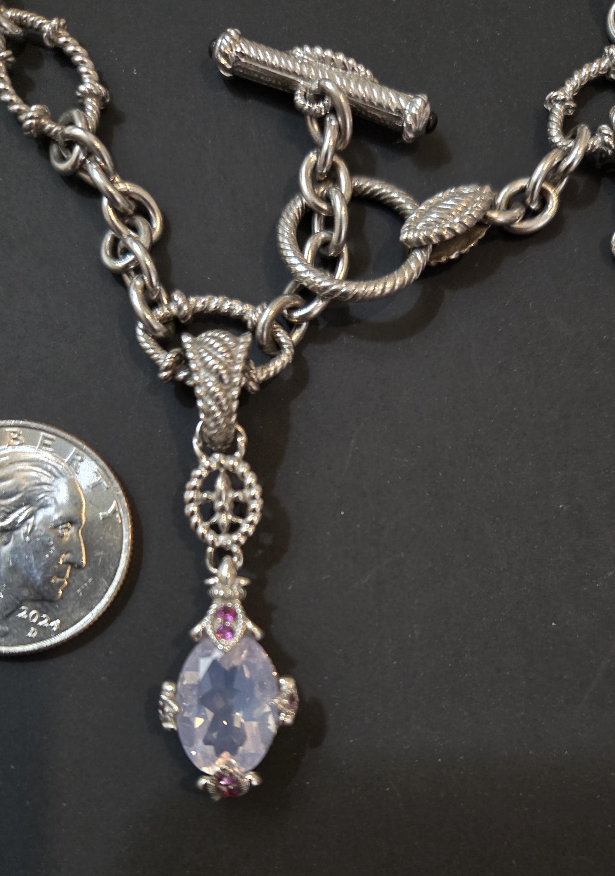 Vintage Judith Ripka Sterling Silver links charm Necklace stone accent Toggle Closure