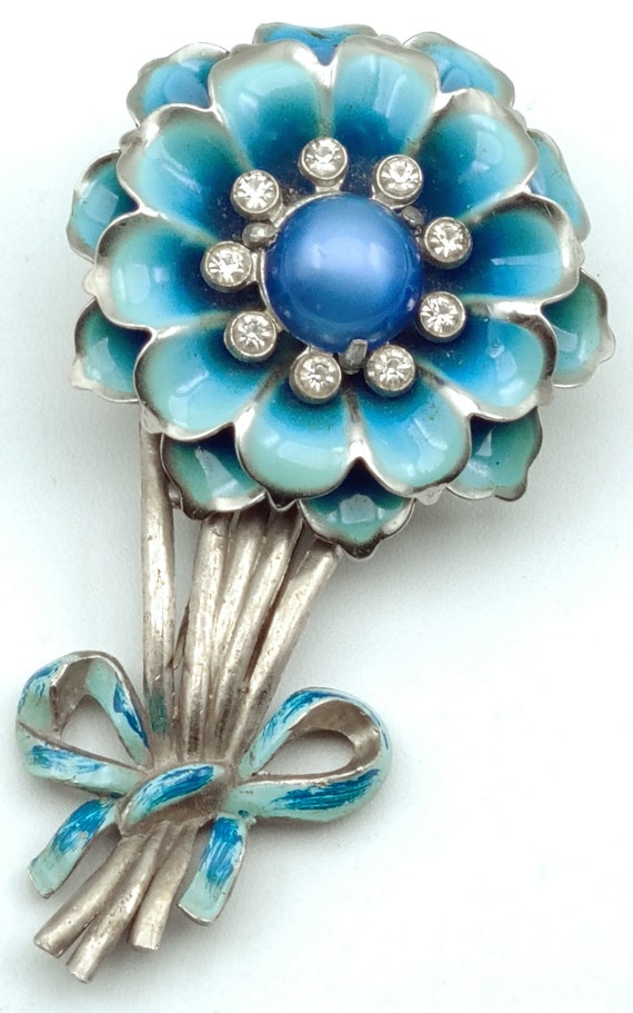 Vintage Flower Fur Clip Pin Blue Enamel
