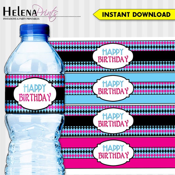 Pink, Blue, Water Bottle, Instant Download Water Bottle Labels, Water Bottle Labels, Wraps, Printable Labels, Blue and Pink Water Labels Il_570xn