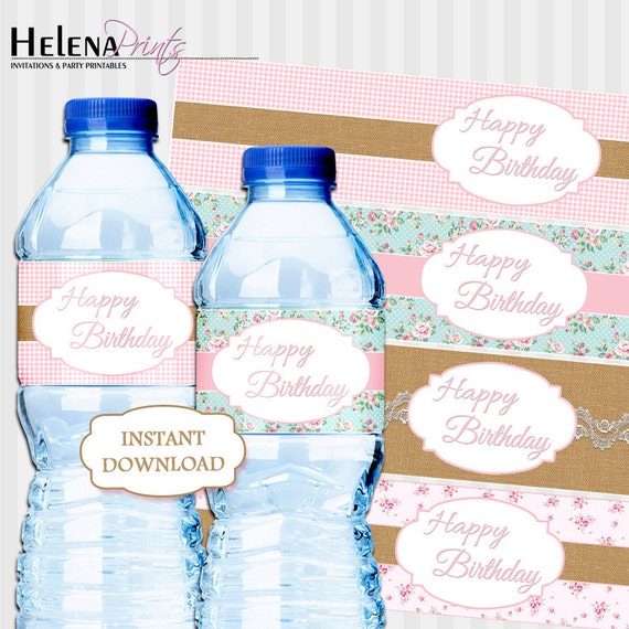 Birthday Water Bottle Labels, Shabby Chic labels, DIY, Floral, Burlap, Wrapper, Printable, Water Bottle Label, Lace, Pink, Flowers Il_570xn