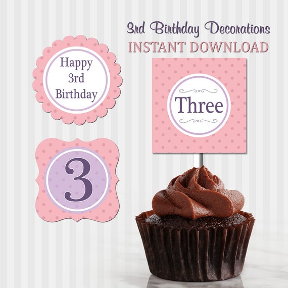 3rd Birthday cupcake Toppers, Purple pink Toppers, Printable Third Birthday, Download, Girls 3rd Birthday, Match to Block Style Invitation Il_570xn