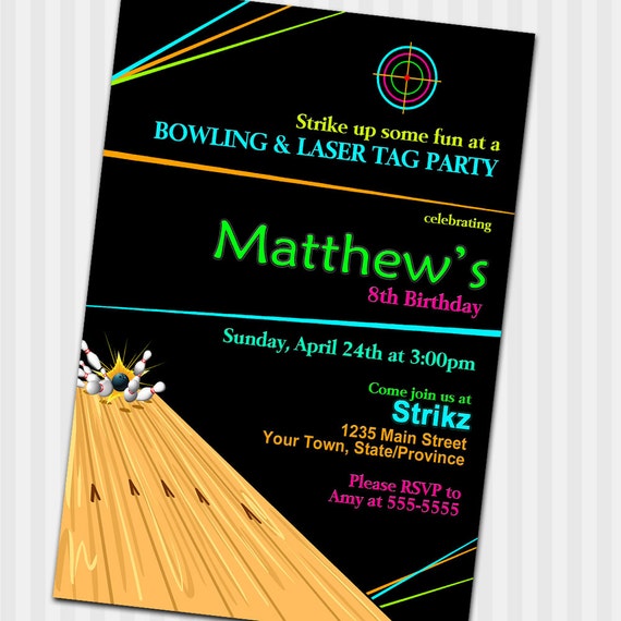 Bowling Invitation, Cosmic Bowl, Neon Bowl, Laser Tag Party, Arcade party, Invitation Invite, Glow in the Dark, Birthday Invitation Il_570xn