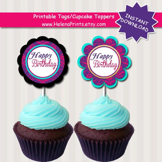 Girl Birthday, Cupcake Toppers, Pink, Purple, Damask, Instant Download, Birthday cupcake toppers, Pink toppers Il_570xn