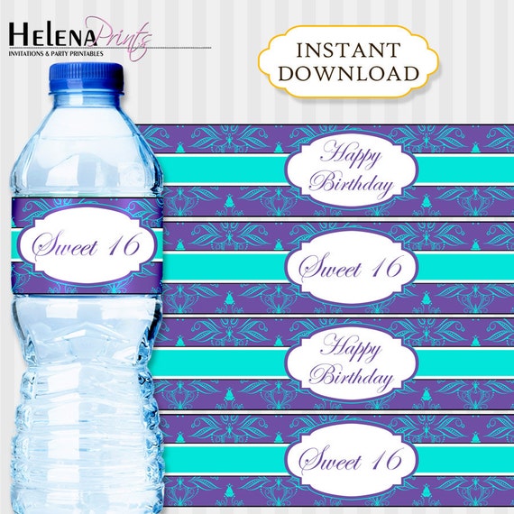 Sweet 16 birthday, Sweet 16 decoration, Sweet 16, Water Bottle Label, Turquoise, Sweet 16 Water Bottle Labels, Sweet Sixteen, Party Decor Il_570xn
