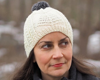 Franconia Cable Hat Evergreen Natural Off White Wool Charcoal Pompom Adult Small Size