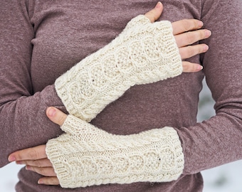 Caiseal Fingerless Mitts, Aran Cable Arm Warmers, Natural Off White Wool Blend, Adult Size