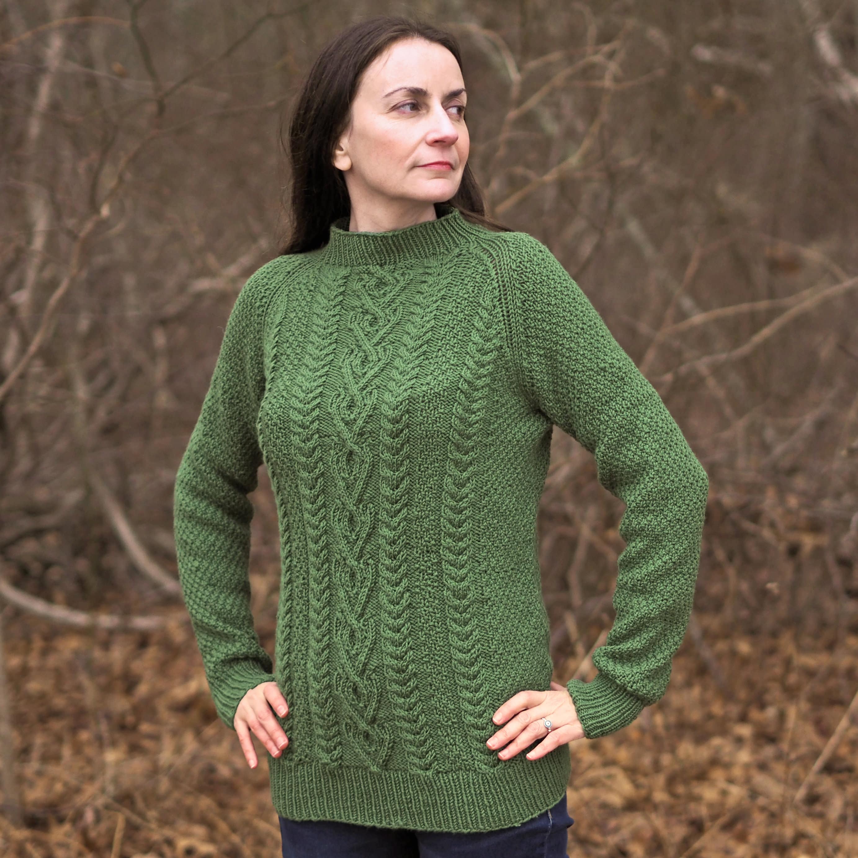 Cottar's Walk Handknit Grass Green Irish Aran Cable Wool Sweater