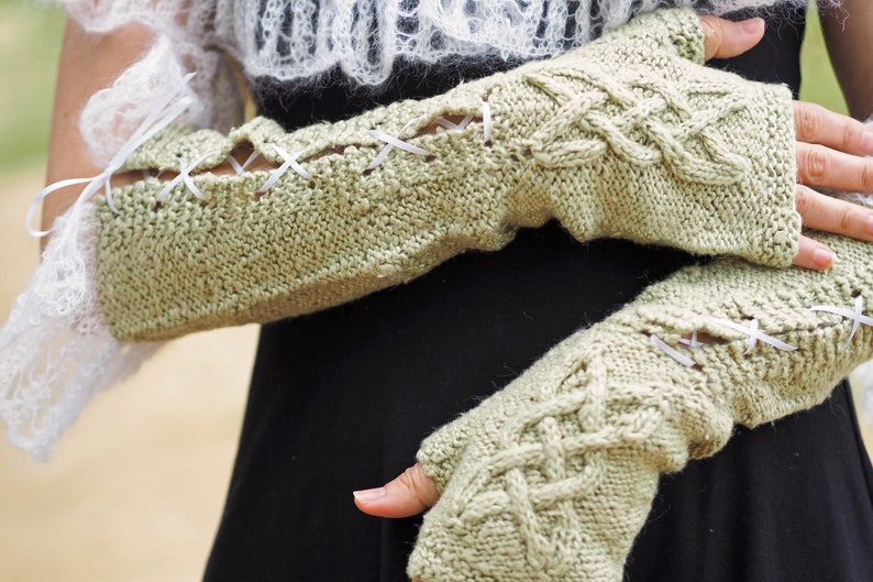 Caerleon Mantelet and Fingerless Mitts Rayon Silk Mohair Green-Gold White Lace Adult Sizes image 4