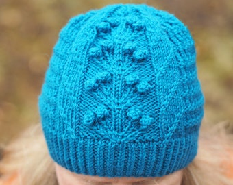 Wych Elm Cabled Hat 100% Wool Handknit Beanie Deep Teal Blue Adult Medium/Large