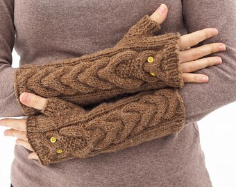 Owly Owl Fingerless Mitts Gloves Gauntlets Warm Latte Tan Heather