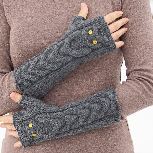 Owly Owl Fingerless Mitts Gloves Gauntlets Charcoal Grey