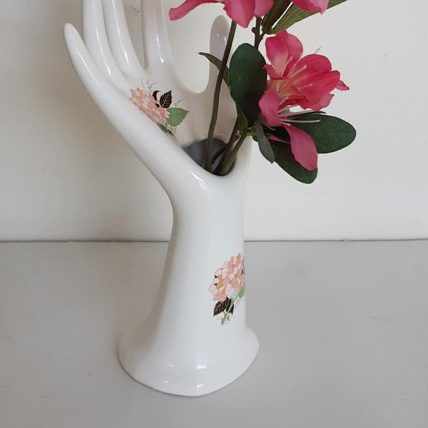 Vintage White Ceramic Hand Bud Vase Statue Ring Display Figurine    Baguier , en porcelaine avec décor fleuri , vintage français , années 50