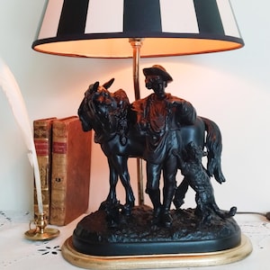 Antique lamp in spelter and wood, rider and his horse, French antique