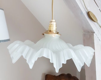Frosted white opaline pendant light, vintage, antique French