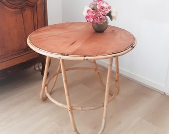 Vintage round rattan table, desk, tripod legs