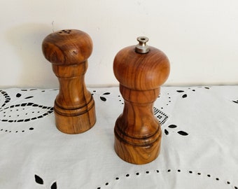 Olive wood salt shaker and pepper mill; antique french